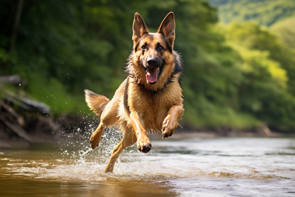 Deutscher Schäferhund spielt im Wasser