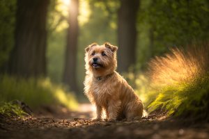 Norfolk Terrier sitzt im Wald
